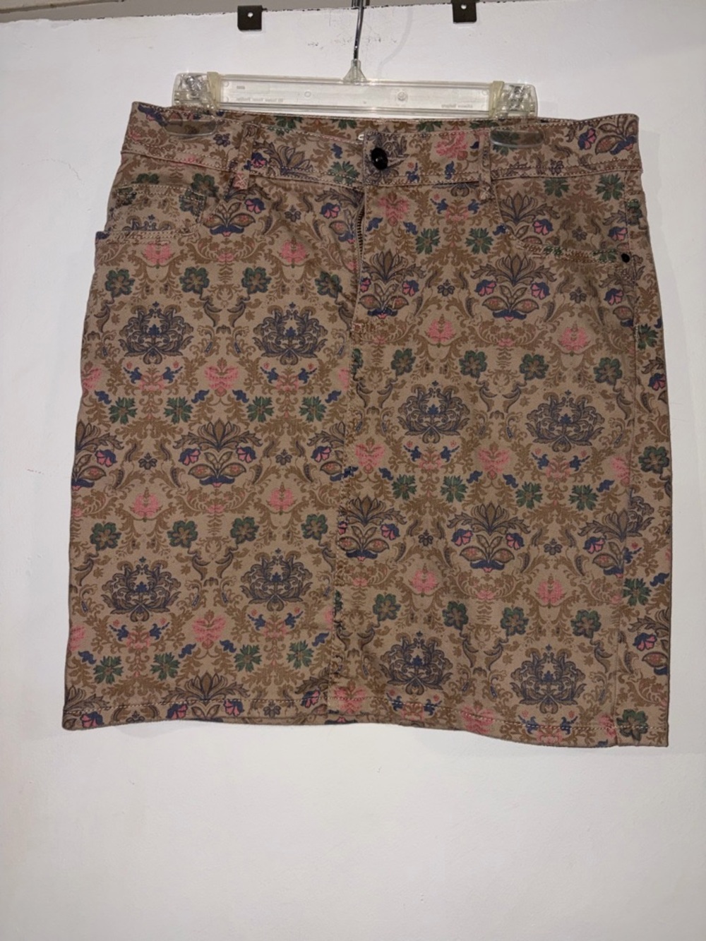 Floral Damask Tan Denim Mini Skirt